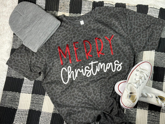 Merry Christmas Puff Leopard Tee