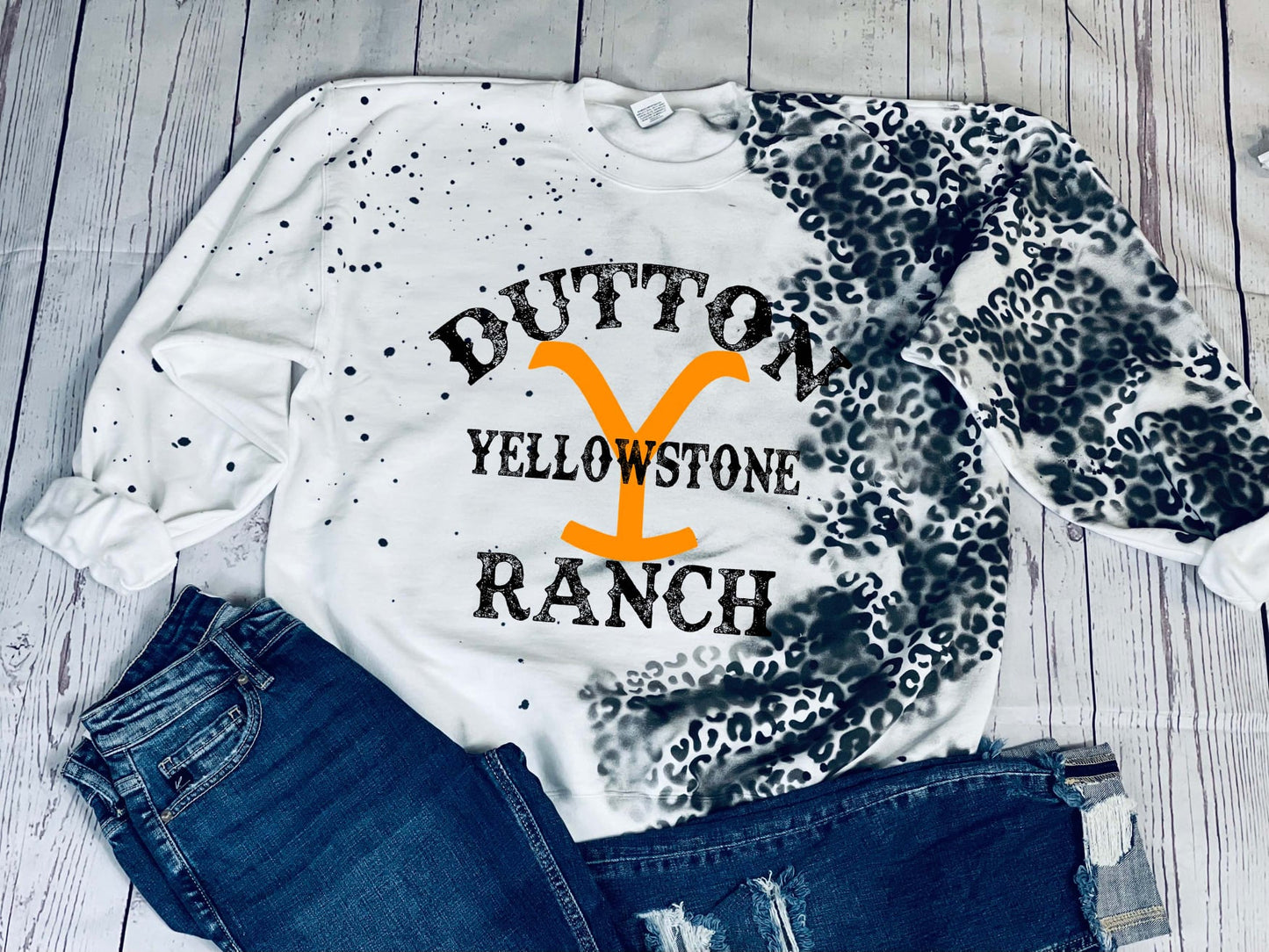 Country Ranch White Fleece Sweatshirt (Black Leopard Sprayprint)