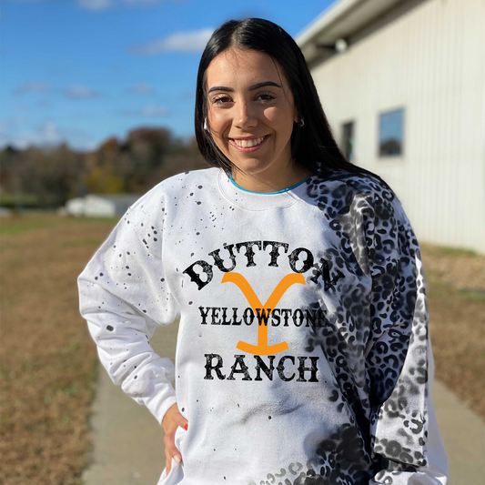Country Ranch White Fleece Sweatshirt (Black Leopard Sprayprint)